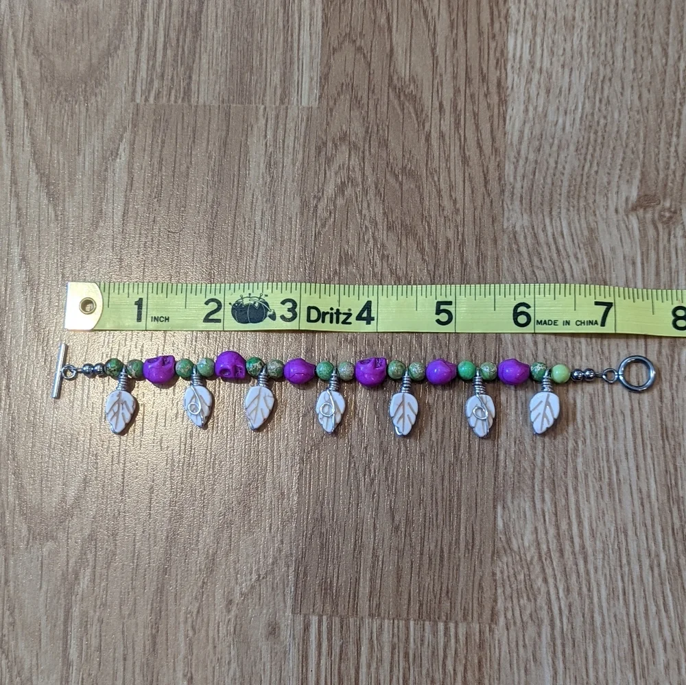 FINAL PRICE Magenta Lime Beige Tropical Gemstone Skull Leaf Charm Bracelet - Picture 4 of 8